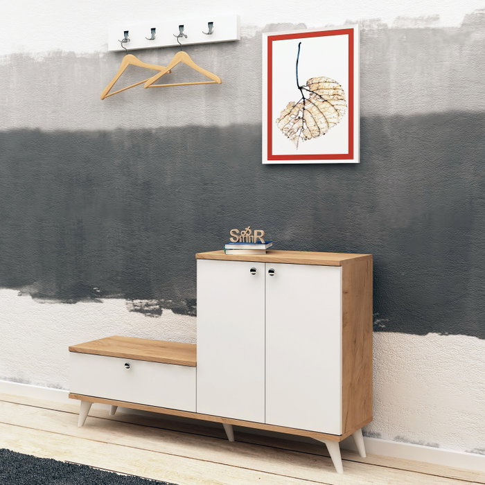 Hanah Home Recibidor con Zapatero, Cajón y Perchero de Roble y Blanco - Mueble de Entrada con Almacenamiento en Tablero de Partículas Melaminado 18mm - Ancho 120cm
